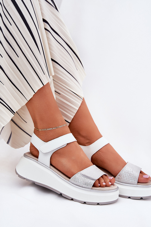 Damskie Sandały Na Platformie I Koturnie Skórzane Srebrne S.Barski LR51-543