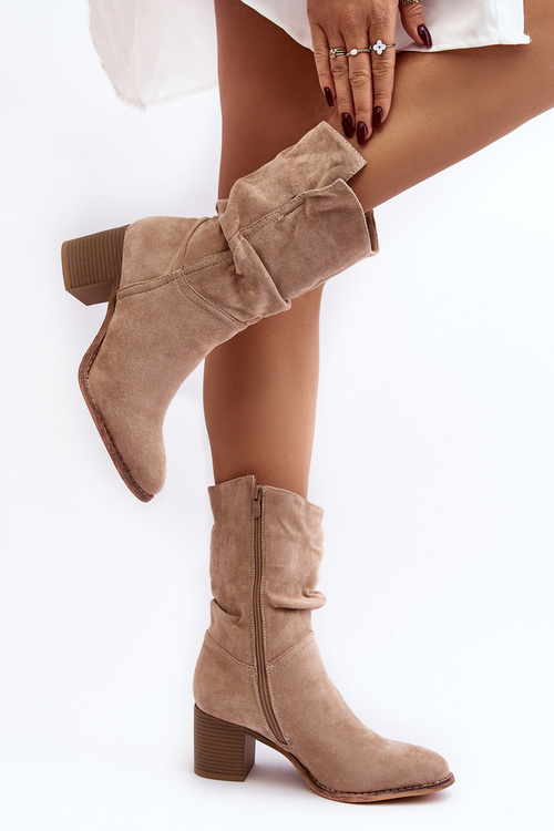 Botki Damskie Marszczona Cholewka Ocieplane Na Słupku Beżowe Shavy 23BT35-6459