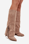 Ladies Slip-On Cowboy Boots With Heel And Fringes Beige Zalia