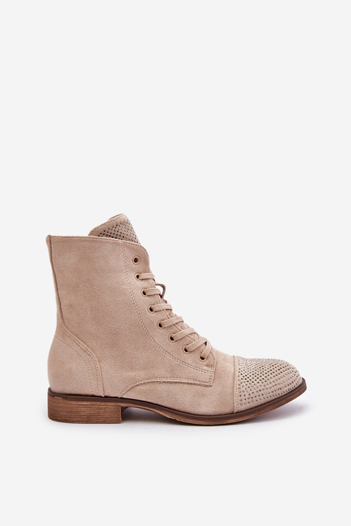 Decorated Flat Heel Boots Eco Suede Insulated Light Beige Ellieo