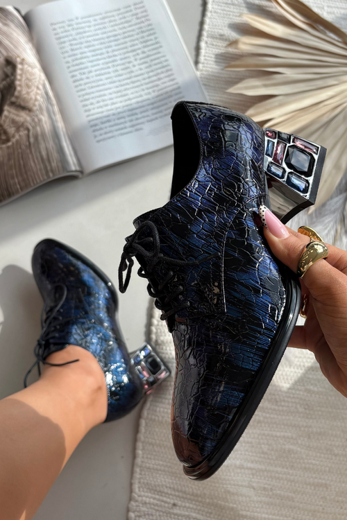 Damskie Półbuty Skóra Lakierowane Obcas Z Kryształkami Granatowe Artiker 55C0428