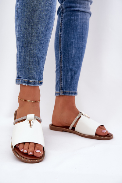 Damskie Klapki Na Płaskim Obcasie Ozdobny Pasek Eko Skórzane Białe Hirtewi