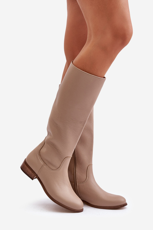 Damskie Skórzane Kozaki Na Zamek Płaski Obcas Beżowe Lewski 3616