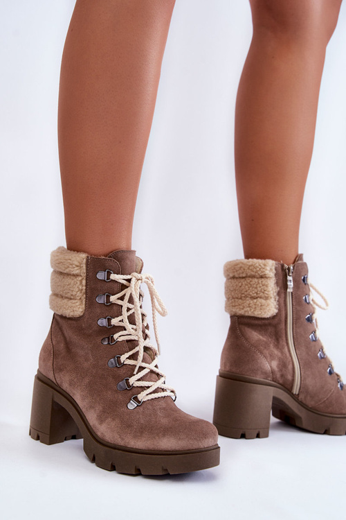 Botki Damskie Zamsz Sznurowane Obcas Brązowe Lemar Fenya