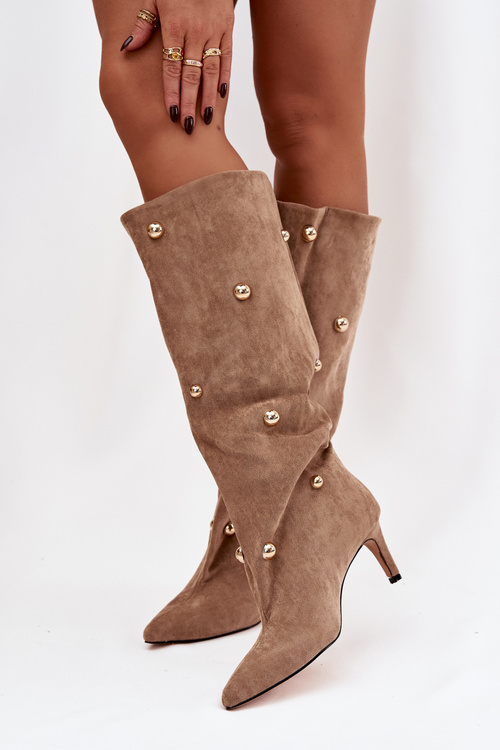 Slip on Women's Boots With High Heel And Gold Decorations Beige Thaliane