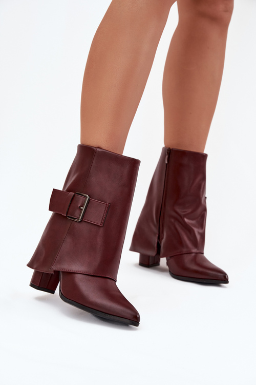 Warm Ankle Boots On Heel With Folded Shaft And Buckle Bordeaux Ylenara