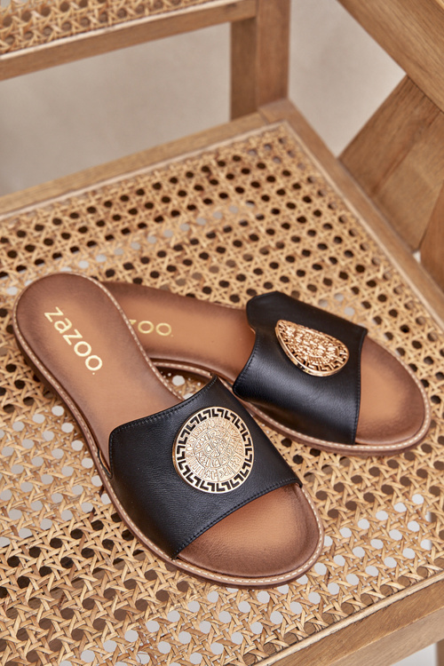Damskie Klapki Skóra Naturalna Płaski Obcas Ozdoba Czarne 3047/O