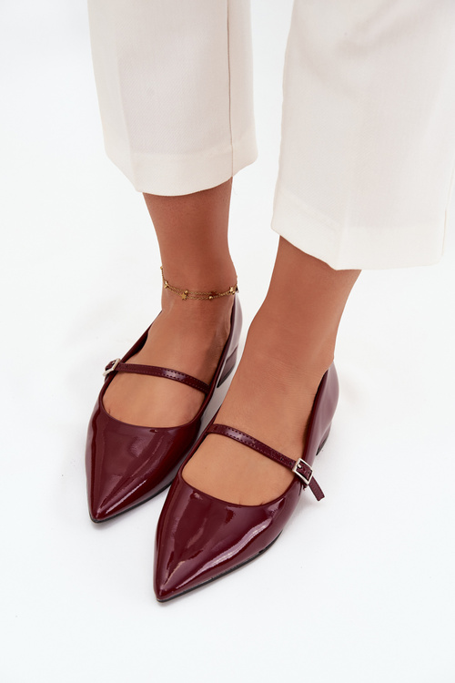 Damskie Baleriny Lakierowane Delikatny Obcas Pasek Bordowe Isvella