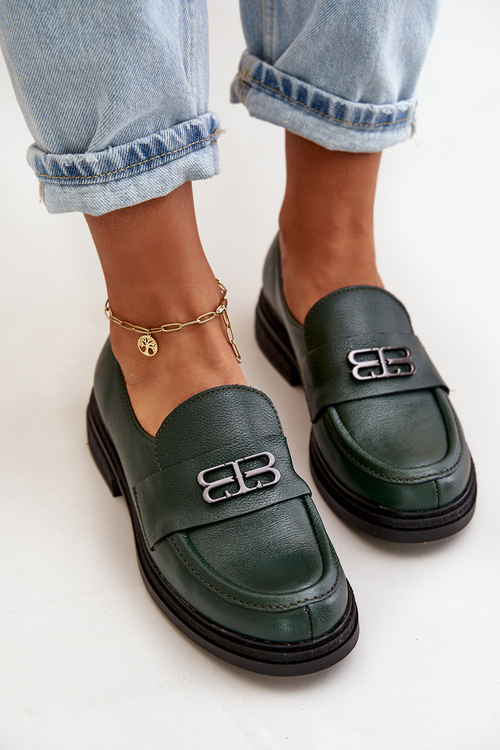 Zazoo 20174 Leather Elegant Women Loafers Flat Heel Dark Green