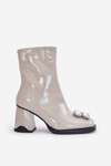 Botki Damskie Lakierowane Obcas Słupek Ozdoba Jasnoszare D&A MR880-019 