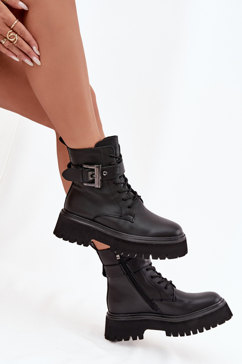 Leather Women's Work Boots Insulated With Decorative Clasp D&A MK52-032 Black