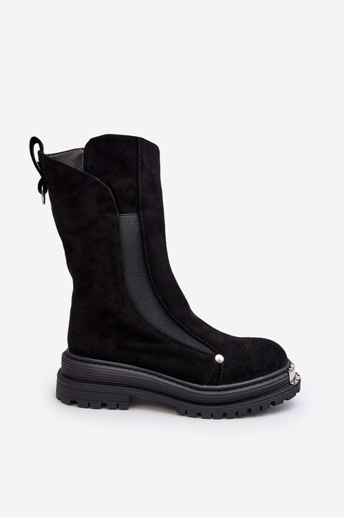 Suede Lined Flat Heeled Boots Black Palimra