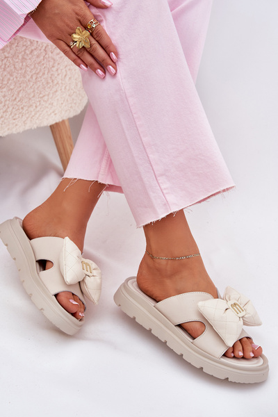 Ladies Leather Platform Sandals With Bow CheBello 4647 Beige