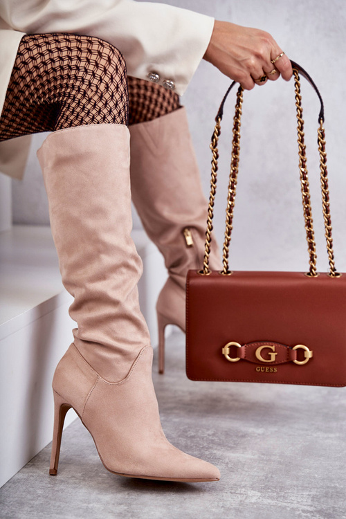 Kozaki Klasyczne Zamsz Szpilka Beżowe Ameya