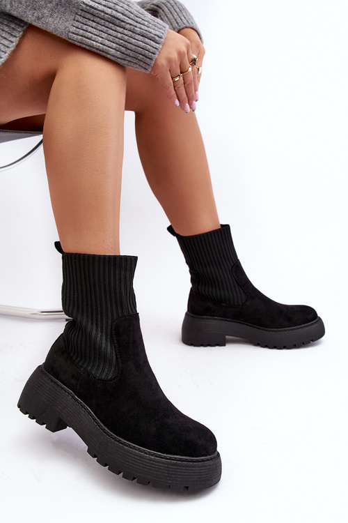 Women's Suede Boots with Sock on Platform and Flat Heel Black Rewam