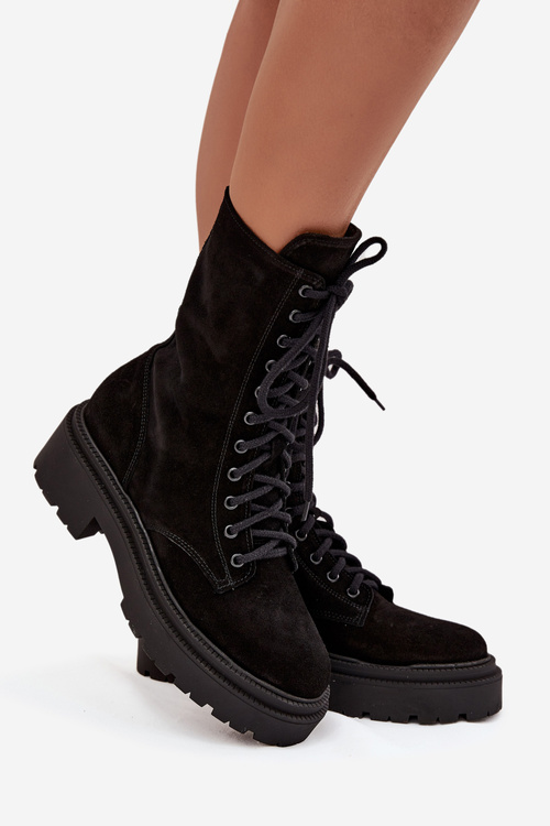 Damskie Botki Workery Ocieplane Zamszowe Czarne Zazoo 4213