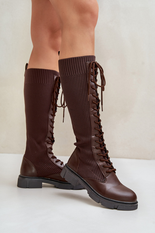 Laced Boots With Elastic Shaft Brown Vamilena