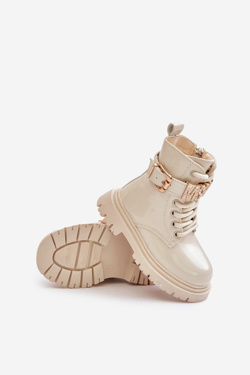 Girls Patent Boots Insulated With Decorative Strap Beige Gilian