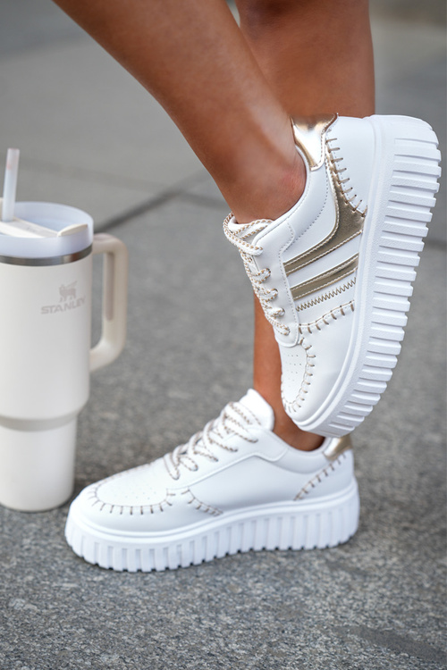 Eko Skórzane Sneakersy Na Platformie Złote Ofenale