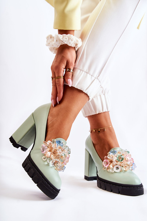 Elegant Pumps With Ornament Smooth Green Caterine