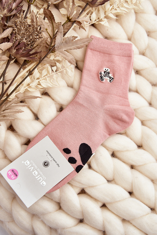 Women's Cotton Socks with Teddy Bear Patch Pink