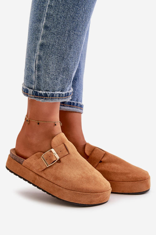 Women's Platform Clogs With Golden Buckle Camel Terilaina