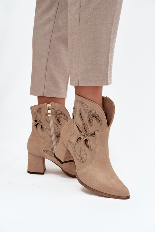 Suede openwork women's ankle boots on heel Zazoo 3647 beige