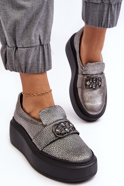 Leather Women's Platform Shoes With Decoration Laura Messi 2697/810 Silver