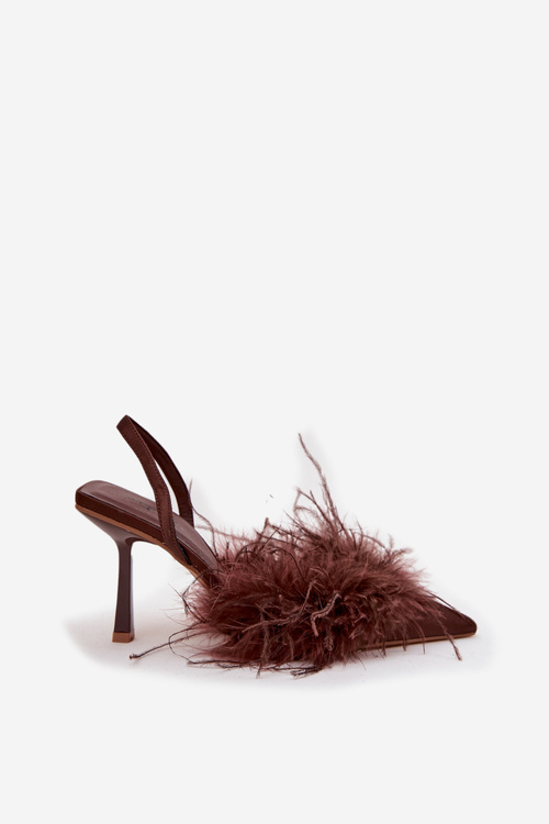Heeled shoes with feathers and open heel chocolate Belice