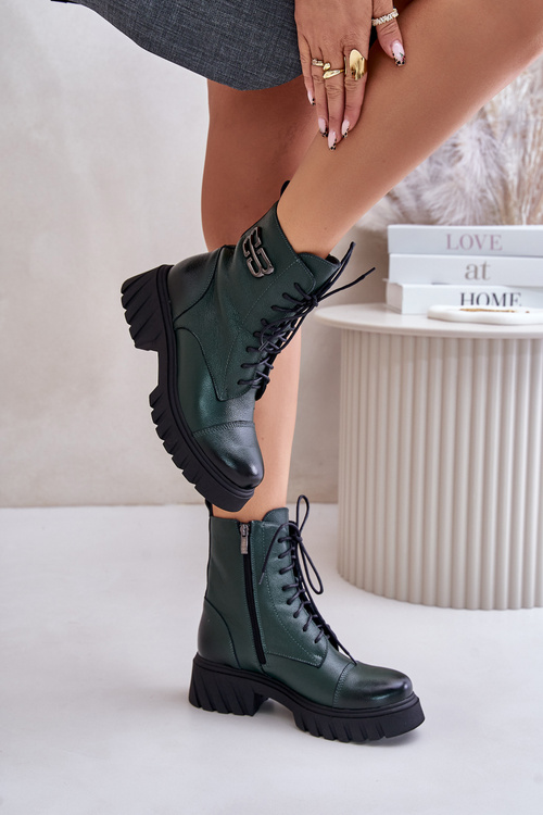 Zazoo 60486 Leather Ankle Boots Workwear Insulated Dark Green