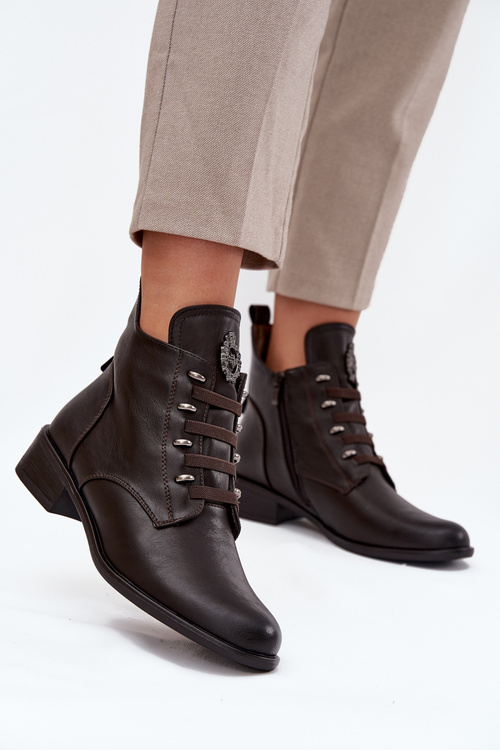 Low Insulated Ankle Boots With Zipper And Decoration Brown Nevalia