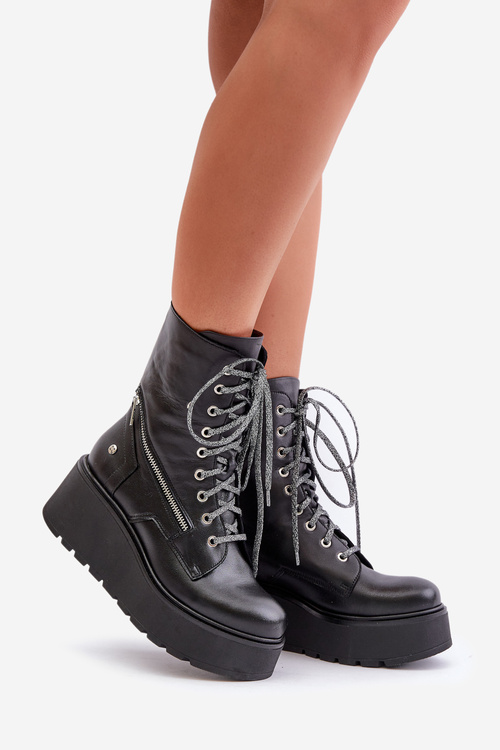 Leather Worker Ankle Boots On Platform And Wedge Maciejka 06676-01 Black