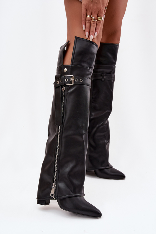 Insulated Womens Over Knee Boots On Heel With Strap Buckle And Silver Zip Black Reisa