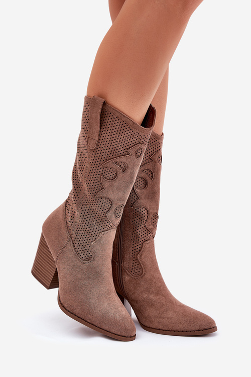 Kozaki Kowbojki Ażurowe Na Obcasie Słupku Do Połowy Łydki Na Zamek Brązowe S.Barski HY51-606