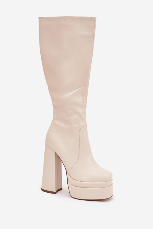 Warm women's ankle boots on a heel and platform light beige Lysara