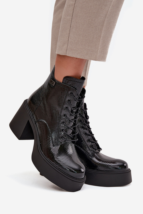 Patent leather leather women's ankle boots on platform and heel Vinceza 66817 black