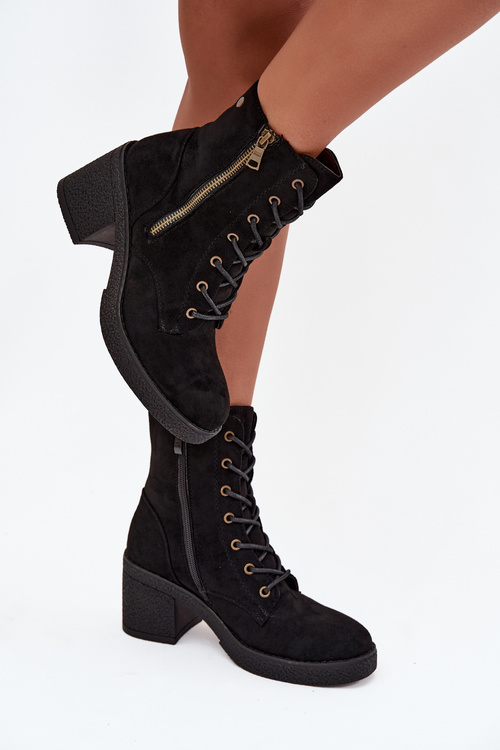 Damskie Botki Sznurowane Z Podwójnym Zamkiem Czarne Paressa