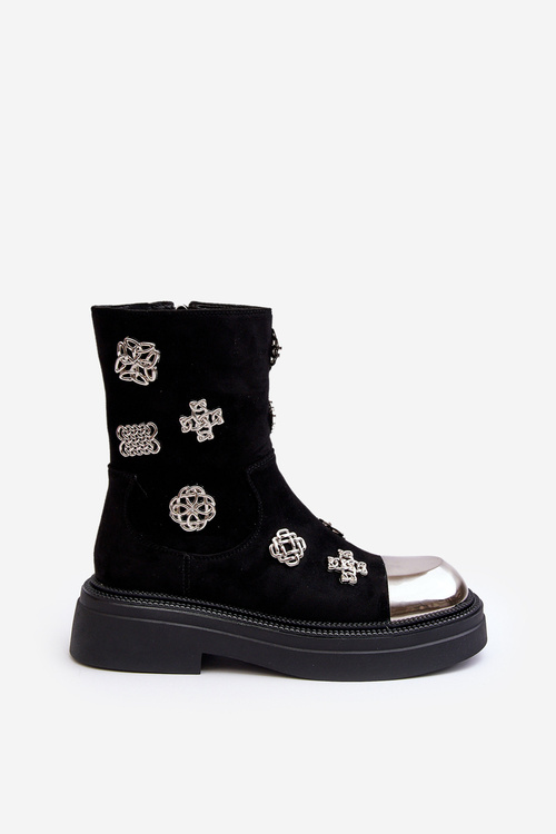 Leather Quilted Boots with Decorations D&A MR870-14 Black