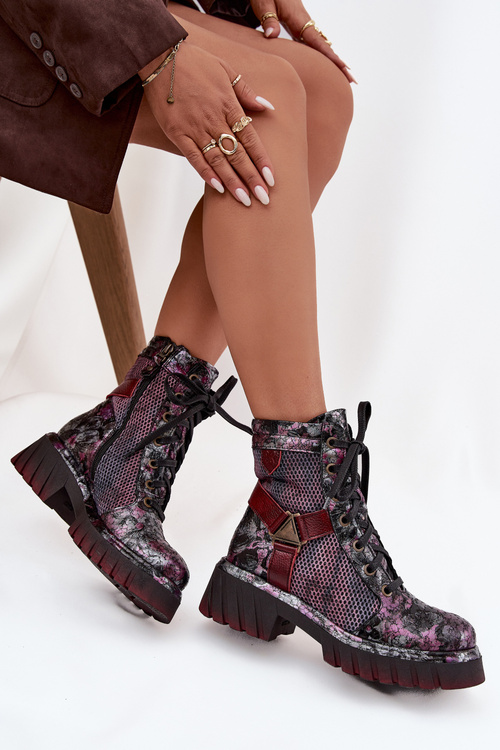 Damskie Botki Workery Skóra Naturalna Bordowe Maciejka 07072-23