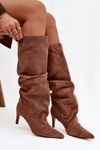Wrinkled High Heel Boots Made of Eco Suede Lined Dark Beige Mavella
