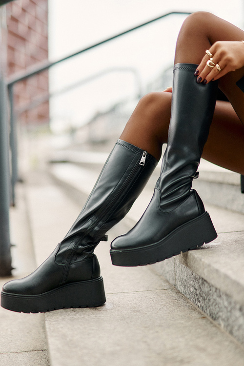 Damskie Kozaki Na Platformie I Koturnie Przed Kolano Czarne Vinceza 58342