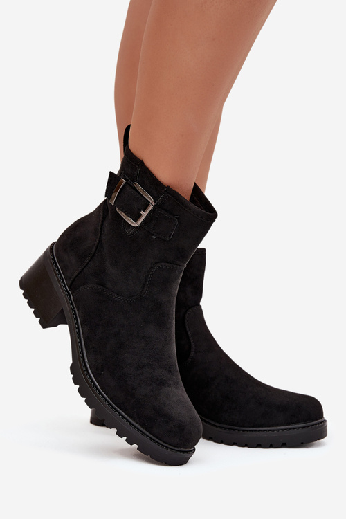 Insulated Women's Ankle Boots Low Heel Block with Buckle Black Helvina