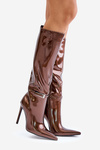 Lacquered insulated boots on a stiletto heel with a buckle brown Tameliae