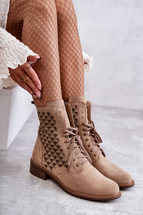 Botki Sznurowane Zamsz Beżowe Nicole 2751