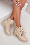 Beige Boots With Pearls, Rhinestones And Ribbon Nudago