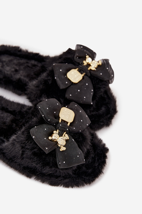 Fur Ladies Slippers With Bow And Golden Decoration Black Nolara