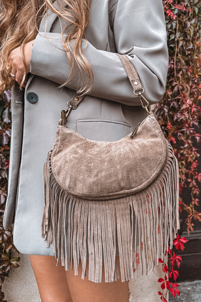 Leather Suede Bag with Fringes Dark Beige Aurelisse