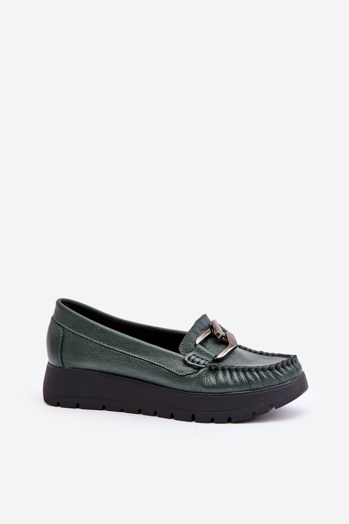 Leather Moccasins On Platform With Decoration Dark Green Zazoo 10141