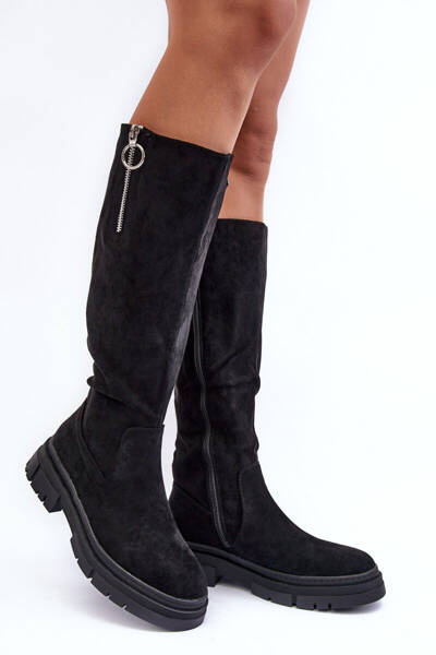 Women's Leather Ankle Boots Flat Heel Black Albuna