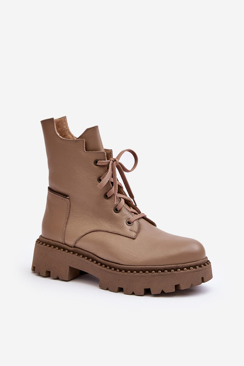 Leather Trapper Boots Women's Zipper Zazoo 949P Dark Beige
